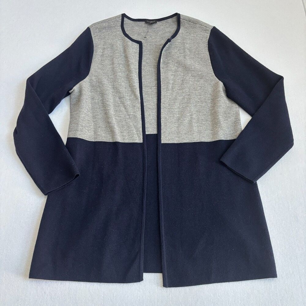 Talbots Long Wool Cardigan Sweater Women's XLP Gray Navy Preppy Office Cozy Warm